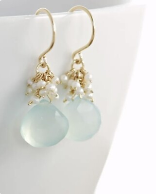 #ad Anthropologie Aquamarine Earrings Pearl Cluster Drop Seed Chalcedony Gold Plated