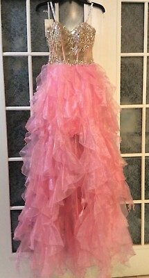#ad PARTYTIME HIGH LOW PINK PROM PAGEANT GOWN BEADED RHINESTONES NEW WITH TAGS 0