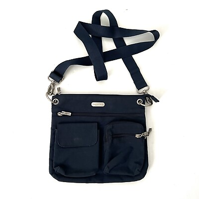 #ad Baggallini Dark Blue Crossbody Bag Multiple Pockets Long Strap Zips Green Inside