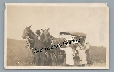 #ad RPPC Family with Horses in Carriage Buggy Vintage Real Photo Postcard