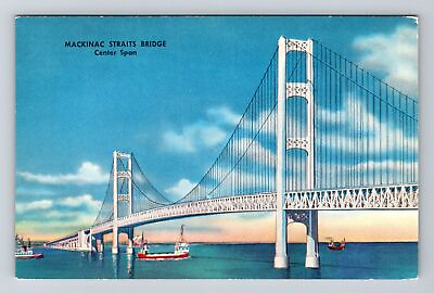 #ad MI Michigan Mackinac Straits Bridge Center Span Vintage Postcard