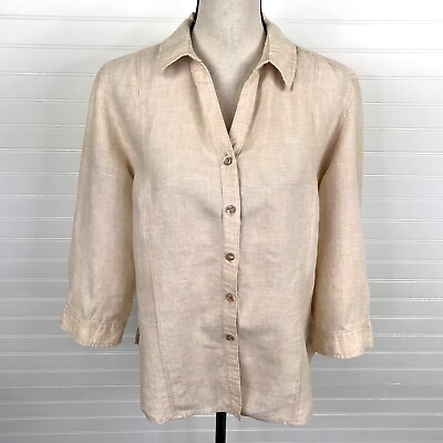 #ad Fresh Produce Shirt Womens Button Up Linen Beige Blouse Top 3 4 Sleeve Size XL