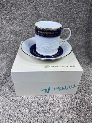 #ad Okura China Cup and Saucer set white blue amp; gold ornate design tea coffee set