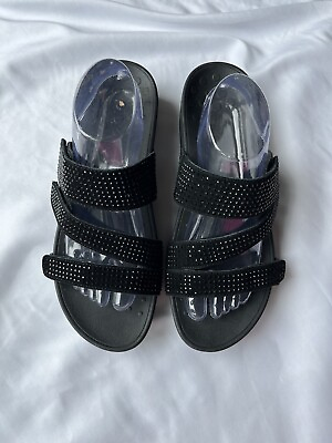 #ad VIONIC ALEXIS Black Suede Embellished Adjustable Straps Sandals Wedge 12 Flat