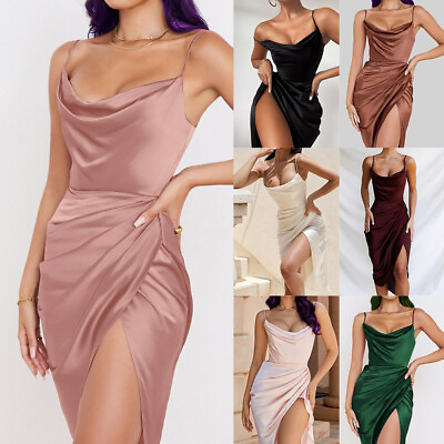 #ad Womens Satin Silk High Split Midi Dress Bodycon Ladies Sexy Party Cocktail Dress