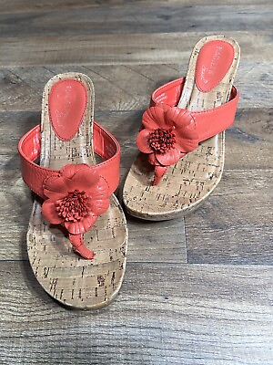 #ad Madeline Stuart SZ 7W Women’s Coral Pink Flower Thong Cork Wedge Heel Sandals