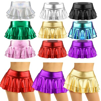 #ad Women Metallic Pleated Skirt Wetlook Shiny Skater Dance Party Miniskirt Clubwear