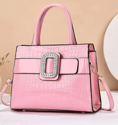 #ad pink handbag shoulder Bag Diamond Buckle. Luxury Crocodile Embossed.
