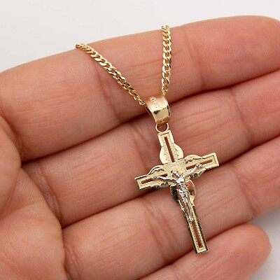 #ad 1 1 2quot; Crucifix Cross Pendant amp; Chain Necklace Set Real 10K Yellow White Gold