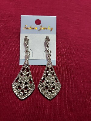 #ad Fashion  Jewelry Silver Tone With Faux Crystal Stone Drop Stud Dangle Earrings 