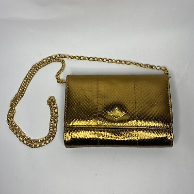 #ad Jennifer Moore Vintage Gold Clutch Bag Purse Crossbody Snakeskin Gold Chain