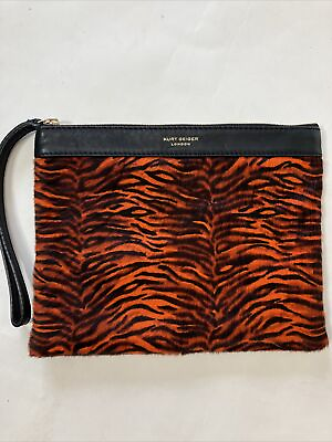 KURT GEIGER LONDON Tiger Orange Black Leather Pouch Wristlet Clutch ECU $99.00