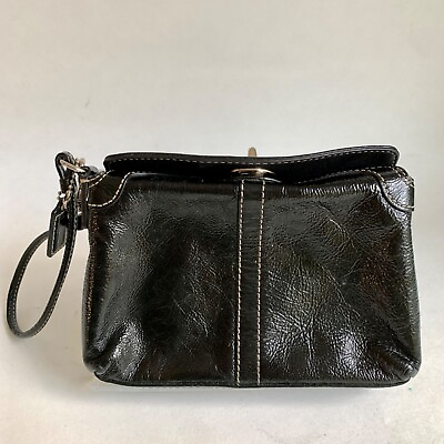 #ad Coach Black Patent Leather Turnlock Silver Wristlet Fold Over