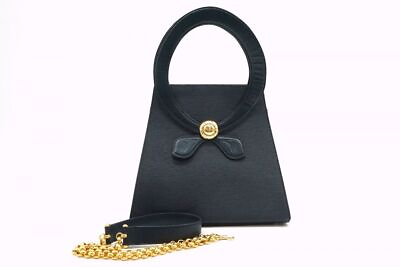 #ad CHLOE Vintage 2way Tote Chain Shoulder Handbag Bow mirror Leather Navy 8252h