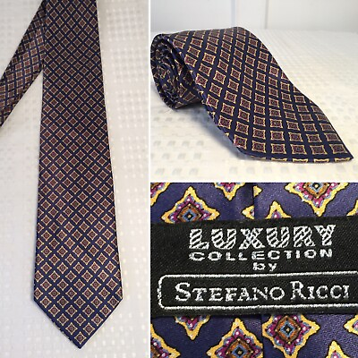 #ad NEW Luxury Collection STEFANO RICCI Multi Color Blue Foulard Silk Tie Long #037