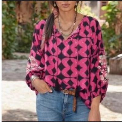 #ad Sundance Womens size Medium Hyacinth Batik Ikat Embroidered Sleeve Blouse Top