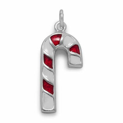 #ad Sterling Silver Red and White Enamel Candy Cane Charm