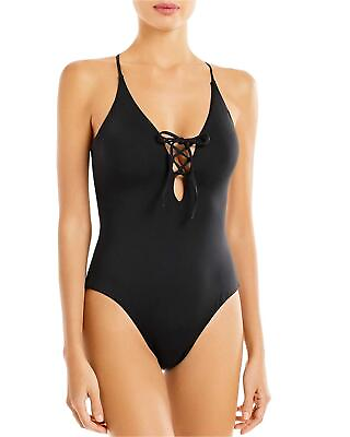 #ad MSRP $98 Aqua Swim Lace Up Plunge One Piece Swimsuit Black Size Medium NWOT