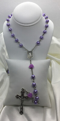 #ad Catholic Purple Pearl Bead Rosary Virgin Mary w Crucifix Pink Flowers New 2268