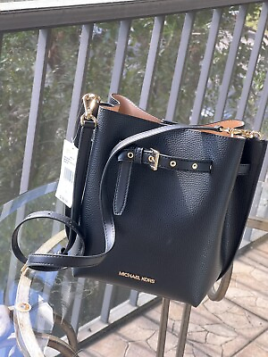 Michael Kors Women Black Leather Bucket Bag Handbag Purse Crossbody Messenger MK $134.50