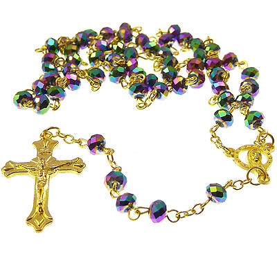 #ad Purple iridescent 59cm length long gold chain rosary beads with clasp