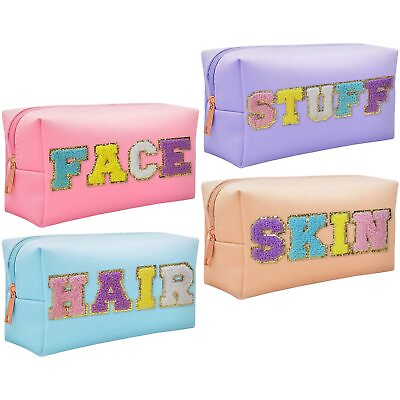 #ad 4PCS Premium Preppy Makeup Bag Set Cute PU Travel Toiletry Bag for Women Wa...