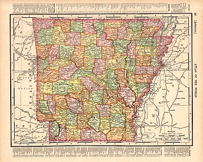 #ad 1902 Antique ARKANSAS State Map Vintage Rand McNally Atlas Map of Arkansas 1499