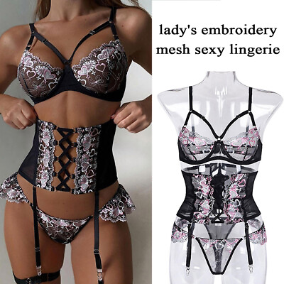 #ad Sexy Embroidery Lingerie Set Bra Thongs Garter Belt Lace Nightwear Sleepwear