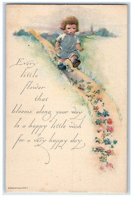 #ad c1910#x27;s Little Boy Walking Flowers Along The Way Unposted Antique Postcard