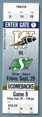 #ad Winnipeg Blue Bombers VS Saskatchewan Roughriders Sept. 29 2000 CFL Ticket Stub