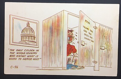 #ad Man On Toilet Trying to Pay Income Sales Luxury Taxes Washington Comic Card