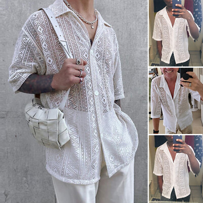 #ad US STOCK Mens Short Sleeve Lace Mesh Sheer Shirt Hippie Party Clubwear Tops Tee