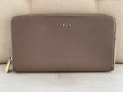 #ad Furla Women Wristlet Genuine Leather Beige Wallet Card Holder Purse