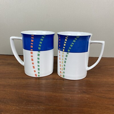 #ad Studio Nova by Mikasa Metro Lane Blue 12 Ounce 4quot; Coffee Mugs Fine China Set 2