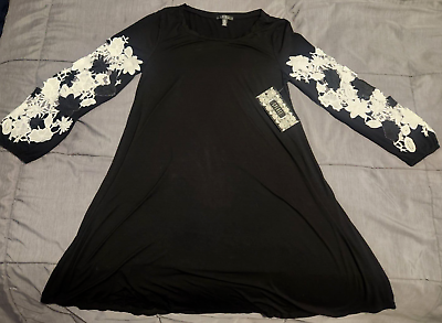 #ad NWT Womens Causal Black Long Blouse Dress White amp; Black Floral Sleeves L
