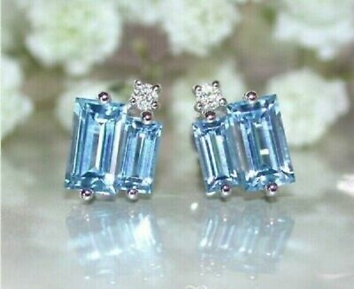 #ad 3.00Ct Baguette Blue Topaz And Round Diamond Stud Earrings 14k White Gold Finish
