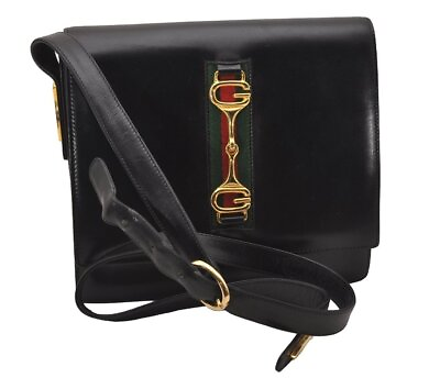 #ad Authentic GUCCI Web Sherry Line Horsebit Shoulder Bag Leather Black Junk 1747J