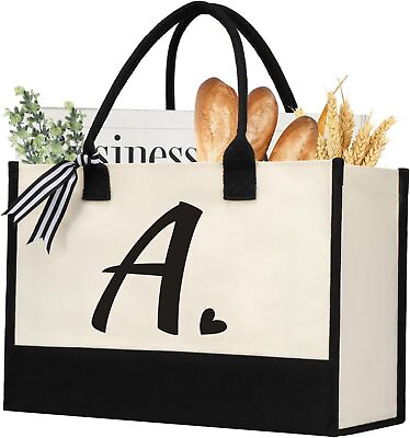 #ad Initial Canvas Tote Bag Personalized Beach Jute Bag Present for Women Holiday Fr
