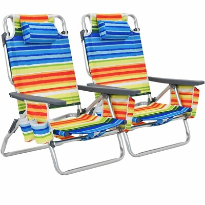 #ad 2 Pack Folding Reclining Backpack Chair Outdoor Beach 5 Positions Camping Chairs