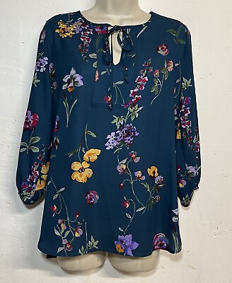 #ad West Kei Small Blouse Blue Teal Floral 3 4 Sleeve Keyhole Neck Top