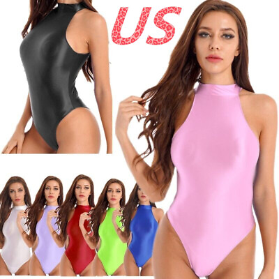 #ad US Womens Back Zipper Leotards Swimwear Mock Neck Shiny Glossy High Cut Swimsuit