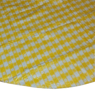 #ad VTG Zipper Umbrella Round Vinyl Tablecloth 68quot; Cover Yellow White Gingham Floral
