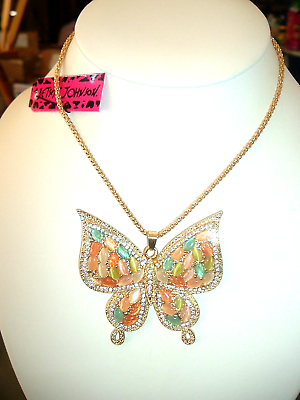 #ad Betsey Johnson Large MULTICOLOR Opals Gold BUTTERFLY Pendant NECKLACE NWT