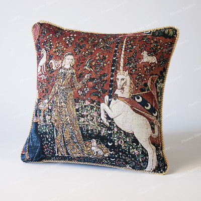 #ad Jacquard Weave Tapestry Pillow Cushion Cover Lady amp; Unicorn Taste 18quot;x18quot; US