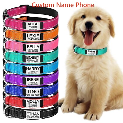 #ad Reflective Nylon Dog Collar Custom Personalized Pet Name ID Tag Adjustable XS XL