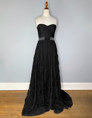 #ad Adrianna Papell Black Pleat Bodice Rosette Black Gown Ballgown Strapless Size 4