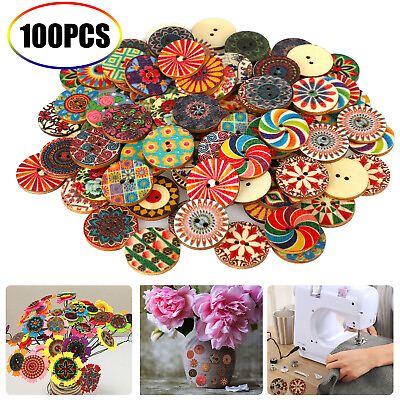 #ad Lot of 100 Wooden Art Buttons 25mm 2 Hole Mixed Color Vintage DIY Sewing Crafts