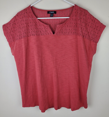 #ad Ralph Lauren Chaps Shirt Top Blouse Women#x27;s Sz 2X Pink Lace V Neck Stretch