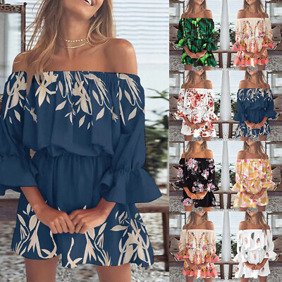 #ad Women BOHO Holiday Off The Shoulder Bardot Top Sundress Summer Mini Beach Dress#