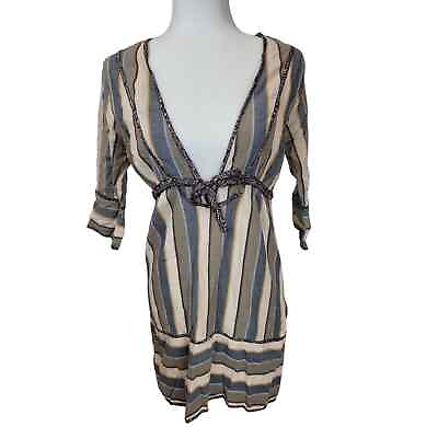 #ad Ben Sherman Women#x27;s Deep Plunge Boho Striped Mini Dress